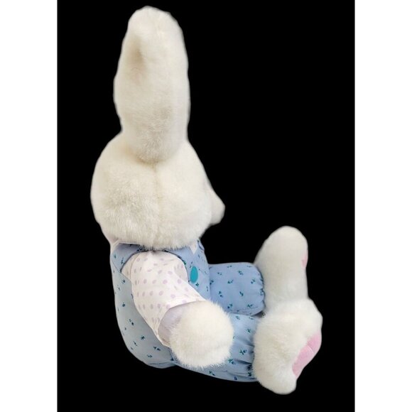 Bunny Rabbit Print Overalls Shirt Plush Stuffed 15" Wired Ears Easter Spring - Picture 2 of 8